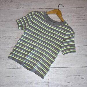 H&M Top Womens Size Medium Gray, White and Neon Yellow Divided Striped Ribbed
